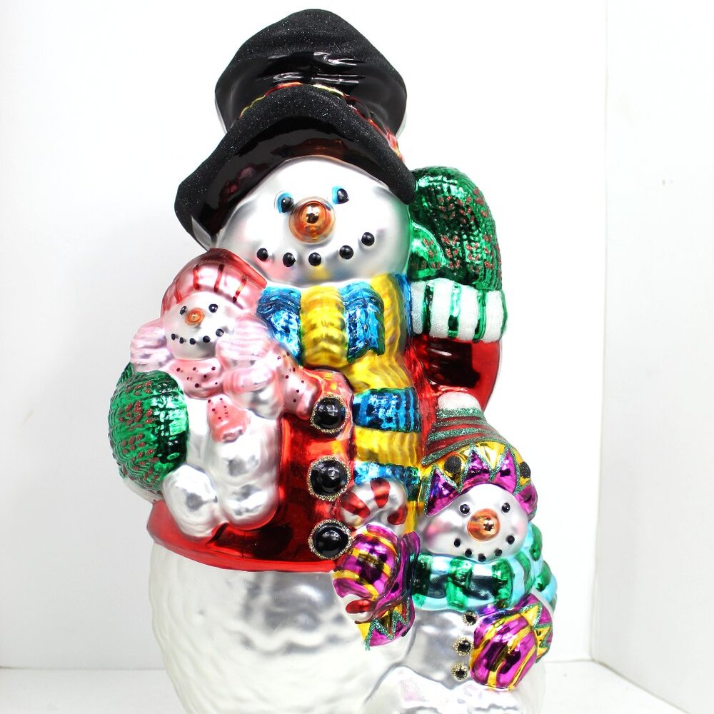 TRADITIONS LARGE HANDPAINTED GLASS SNOWMAN FIGURINE WOOD BASE 18" VINTAGE